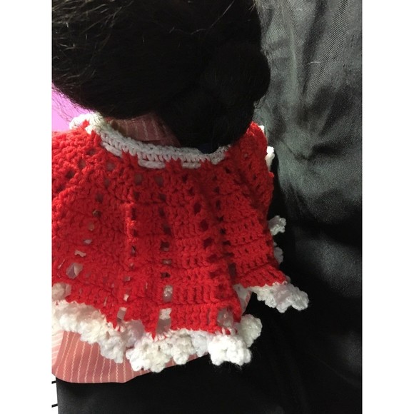 Doll Shawl Crochet Handmade with Pom Pom Closure Red w/White Trim accessories - Picture 3 of 6